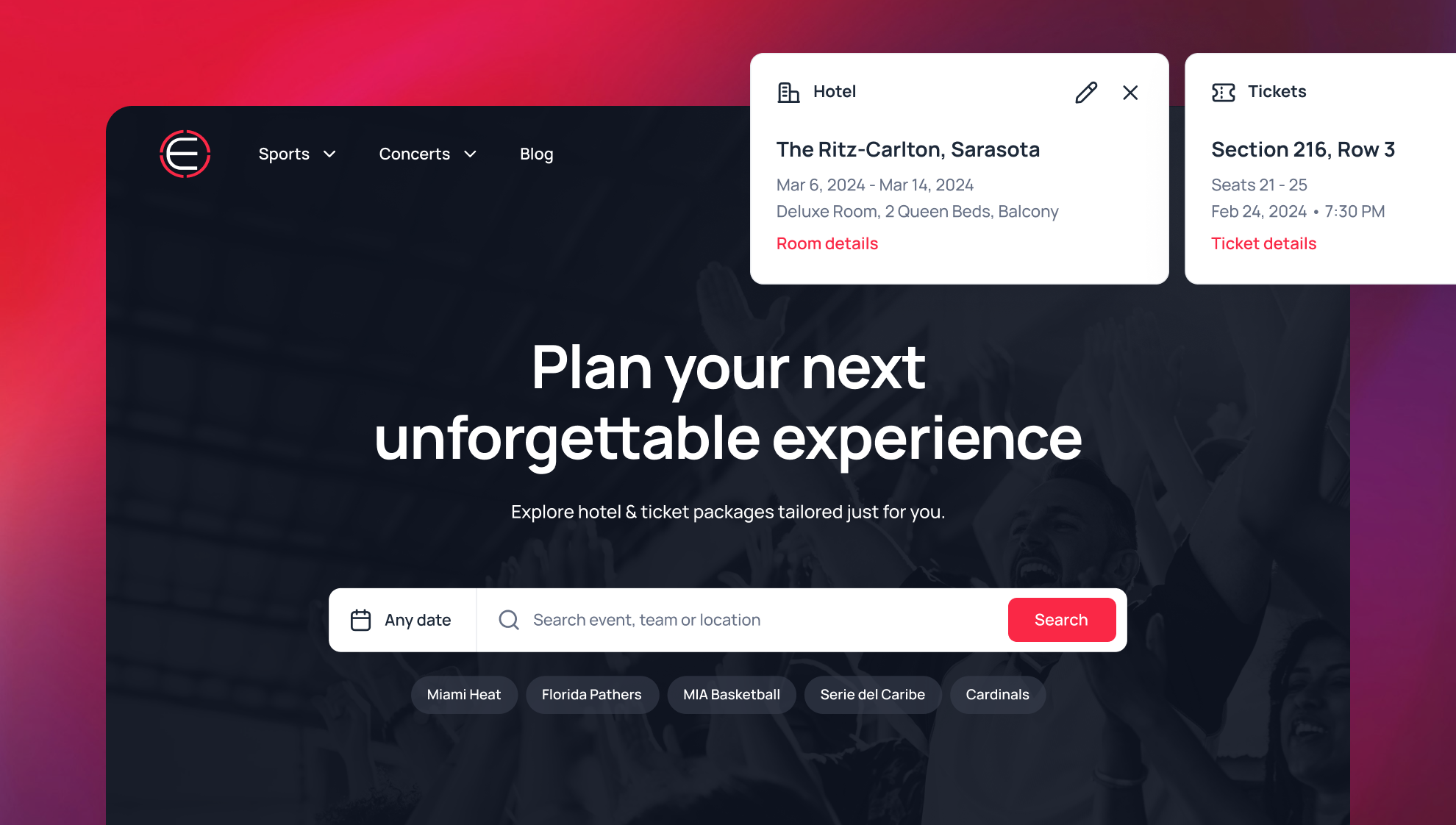 Event booking homepage with search bar, popular sports team tags, and pop-up cards showing hotel and ticket details.