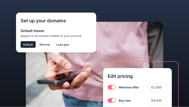 User holding a smartphone with interface panels for setting up domains and editing pricing featuring theme and price options.
