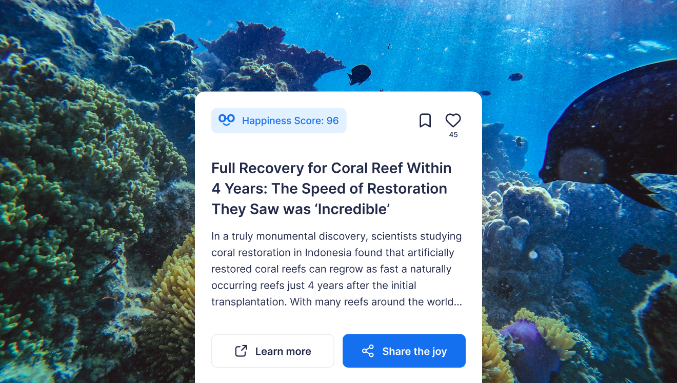 Underwater scene of a coral reef with colorful corals and swimming fish behind a news card about coral reef recovery in 4 years.