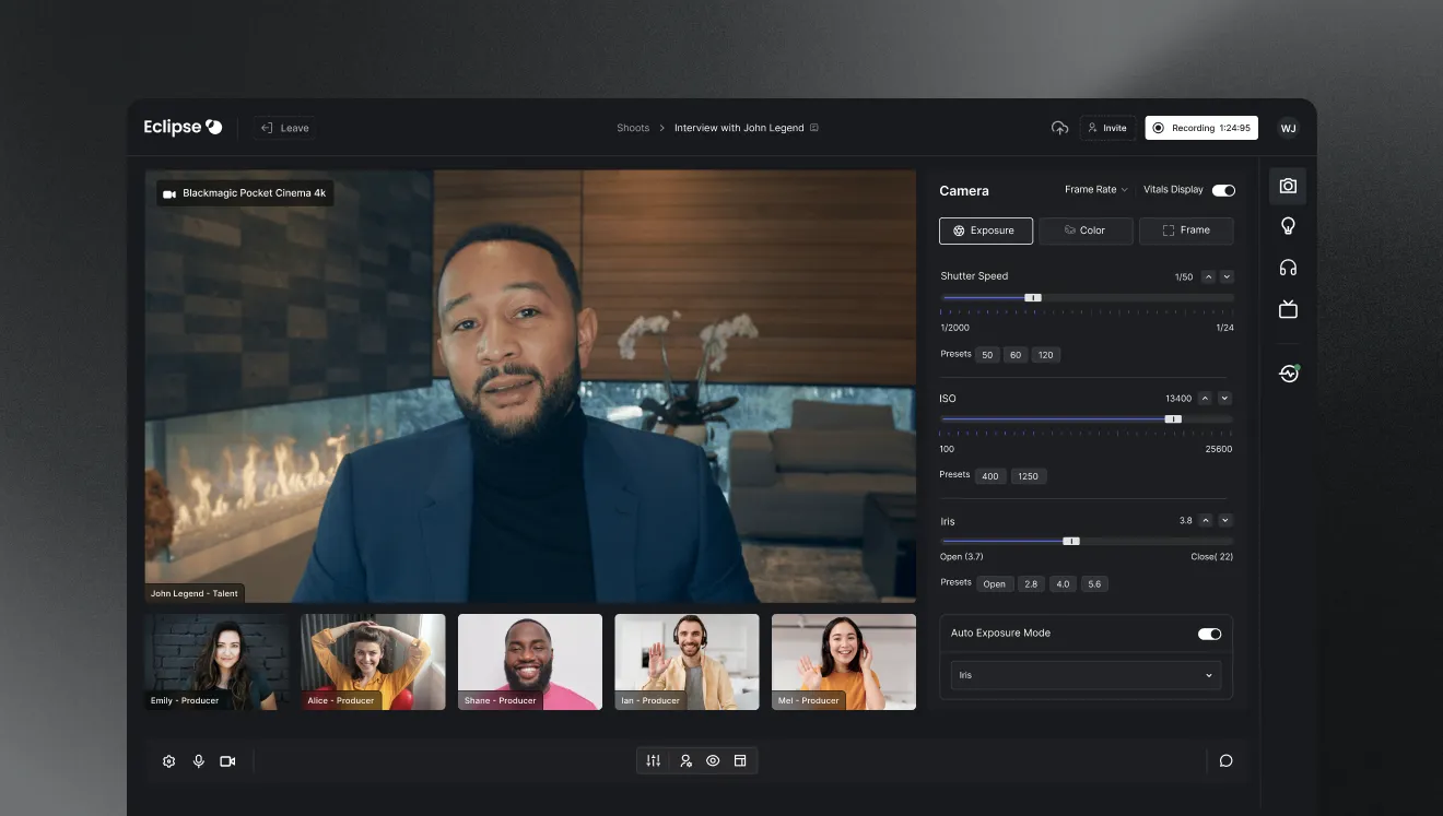 Video call interface showing John Legend in a recording session with controls for camera exposure, shutter speed, ISO, and iris settings.