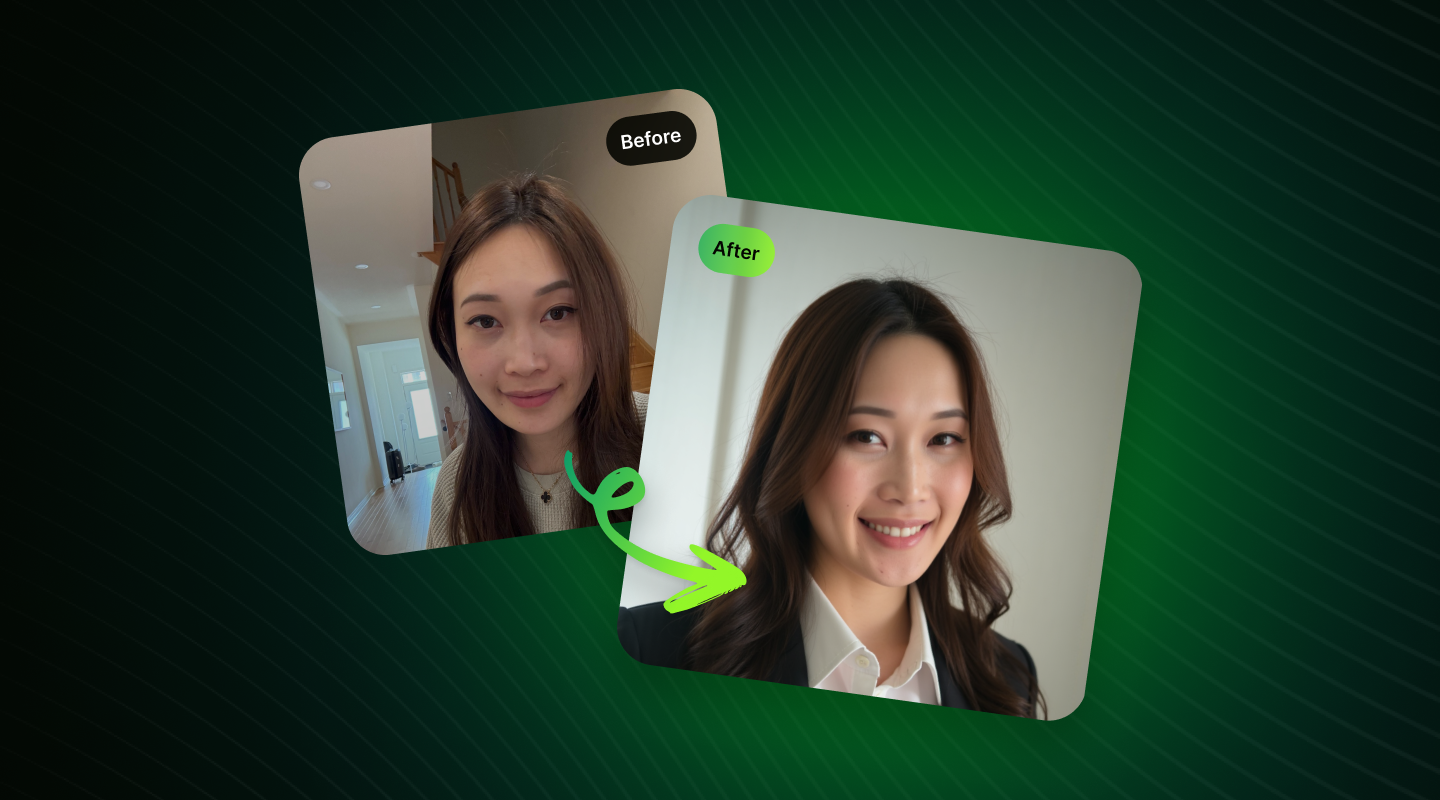 Before and after photos of a woman showing a transformation from casual to professional appearance with styled hair and makeup.