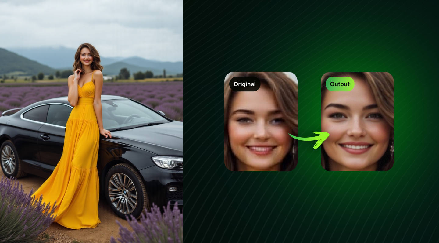 Woman in yellow dress standing next to a black luxury car in a lavender field with mountain background, accompanied by close-up comparison images of her smiling face labeled Original and Output.
