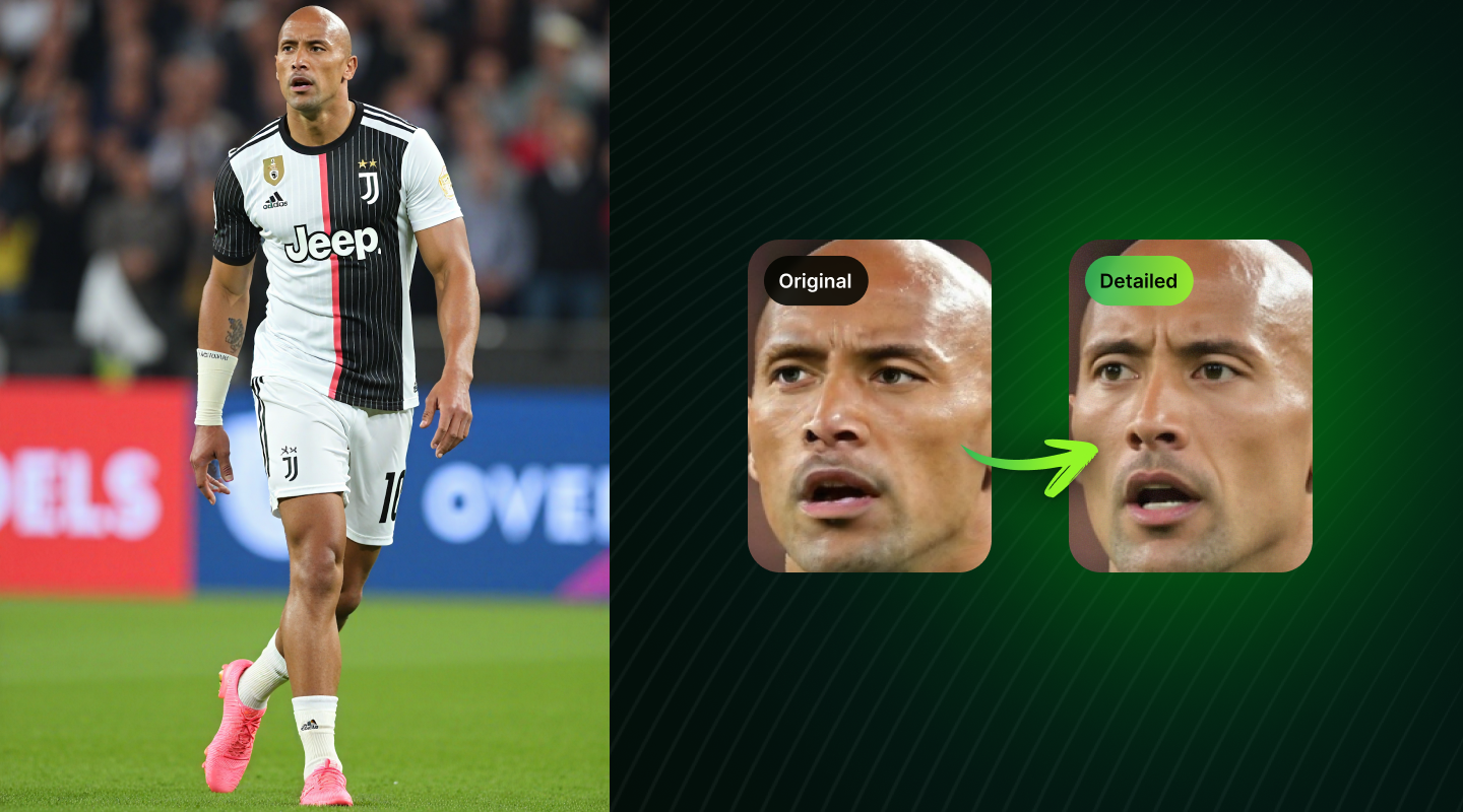 Soccer player in Juventus uniform walking on the field with two zoomed-in images comparing original and detailed facial clarity.