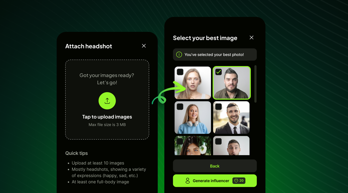 User interface with two panels: one for uploading headshot images and another for selecting the best photo among six options, highlighting a selected male portrait.