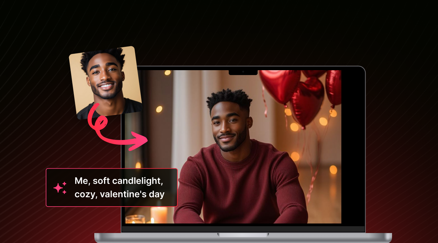 Laptop screen showing a man in a red sweater sitting in soft candlelight with red heart balloons in the background, with a smaller inset photo of him smiling.