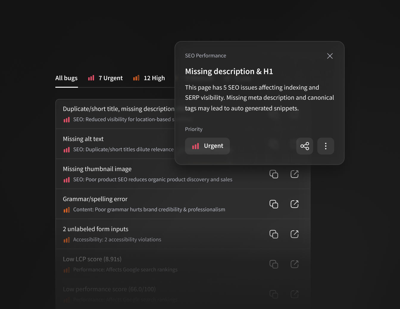QA Flow website audit showing SEO and performance issues