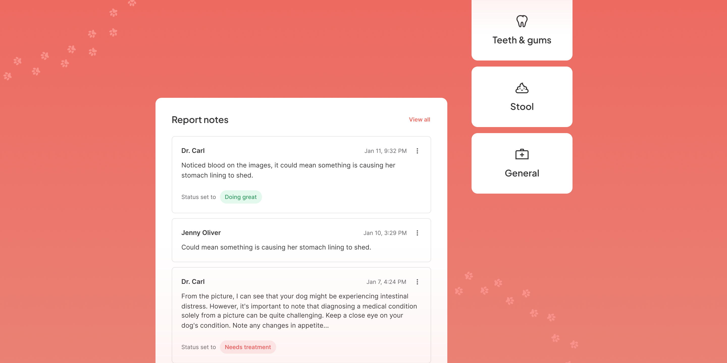 Medical report notes discussing a dog's intestinal distress with statuses 'Doing great' and 'Needs treatment', alongside clickable tabs for Teeth & gums, Stool, and General.