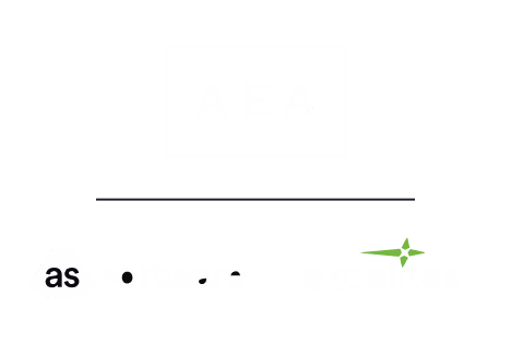Logo with letters 'AEA' above the text 'Asset management software' on a black background.