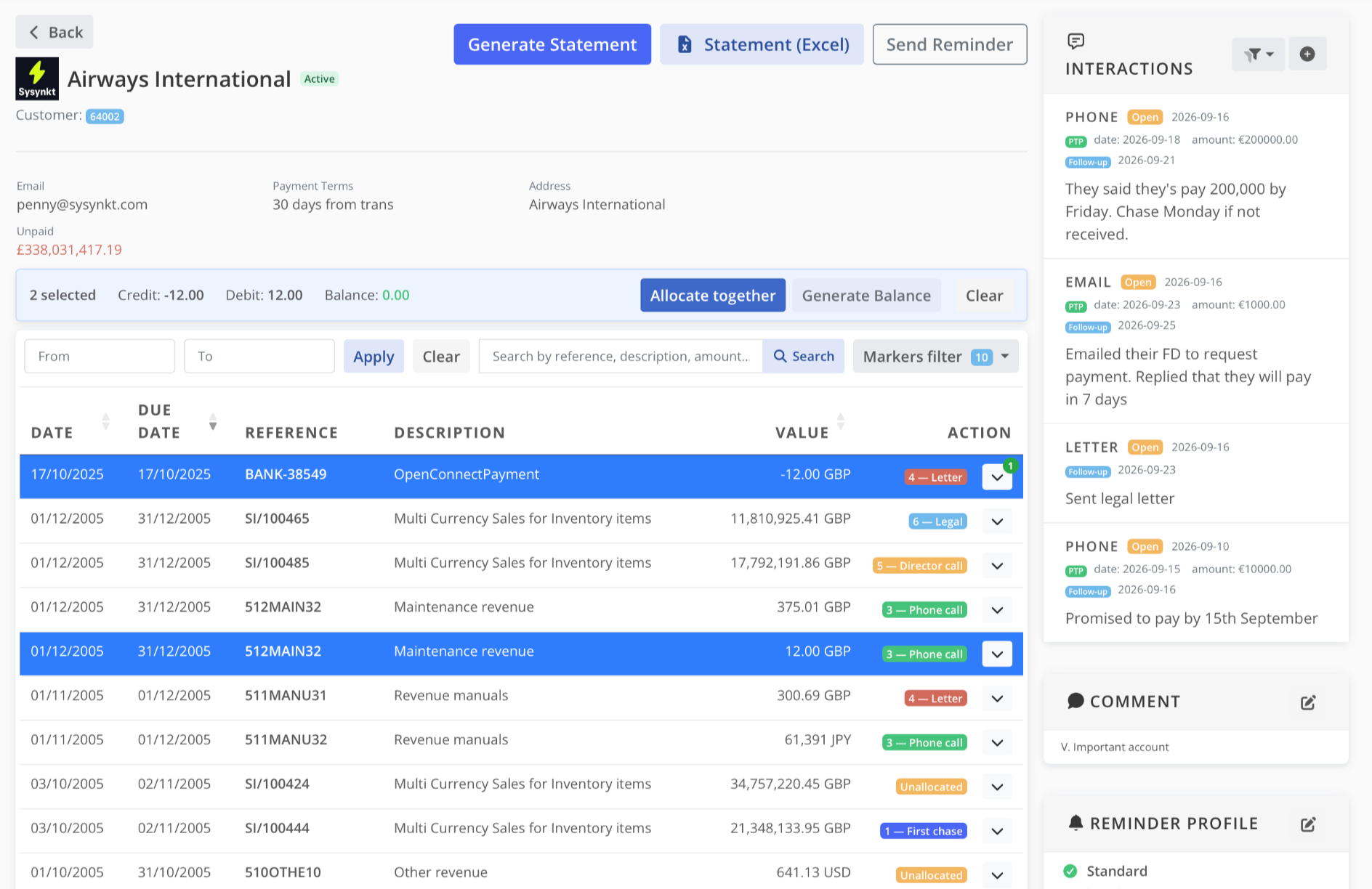 A detailed debtor account view, showing individual transactions, status and allocation processes as well as communication history