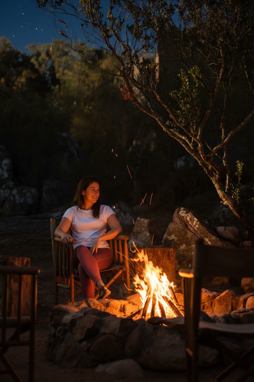 A guest relaxing by the boma fire under the stars