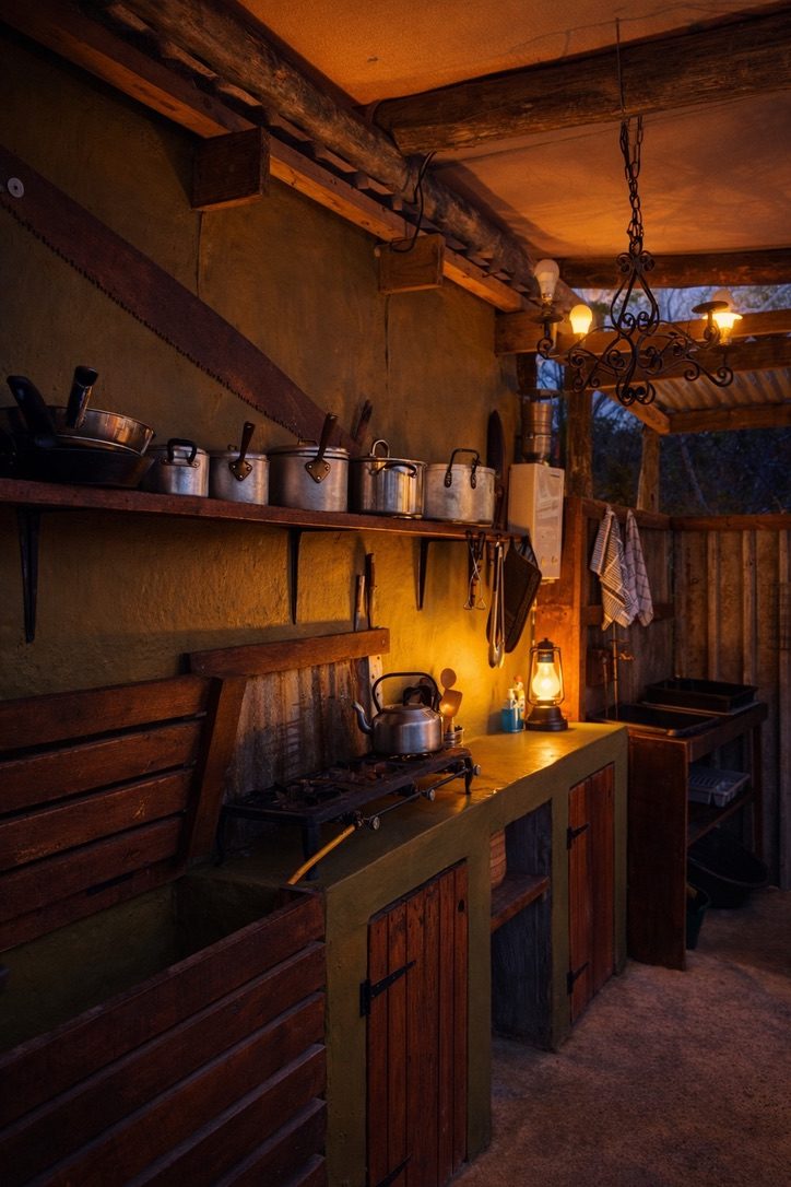 The outdoor camp kitchen lit by a lantern at dusk