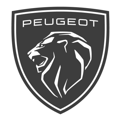 Peugeot logo featuring a stylized lion head inside a shield shape with the brand name above.