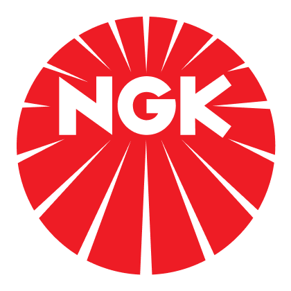 NGK logo in white letters over a stylized red sunburst circle background.
