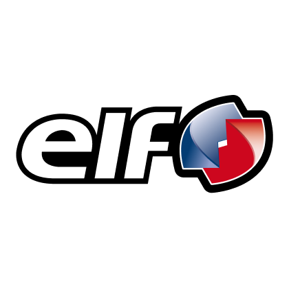 Elf brand logo. White text 'elf' next to a blue and red abstract emblem with black stroke.