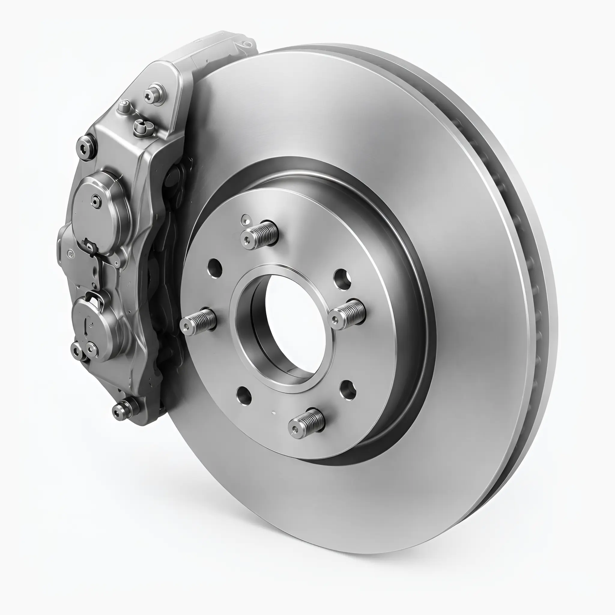 Close-up of a shiny, metallic car brake disc with attached caliper on a white background. Symbolizes OE parts.