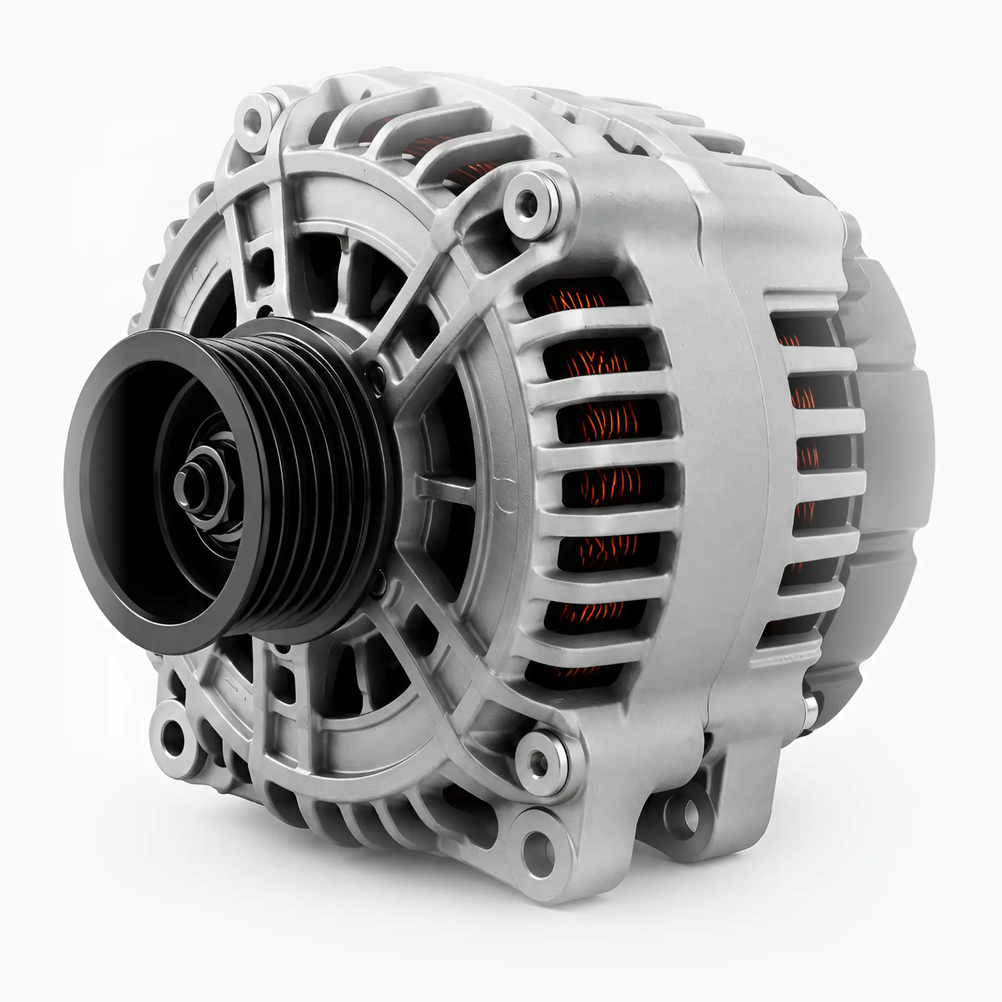 Close-up view of a silver automotive alternator with a black pulley on a white background. Symbolizes aftermarket parts.