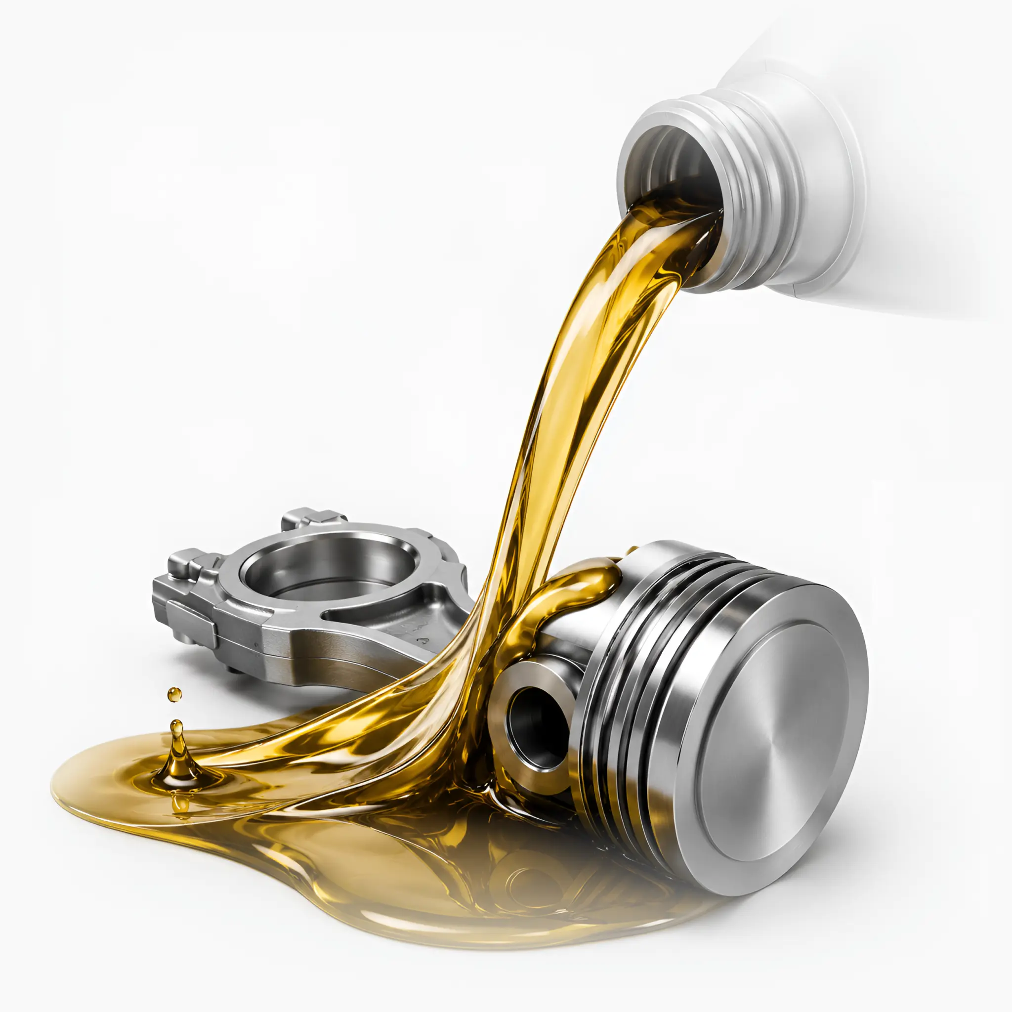 Golden engine oil being poured onto a metal piston and connecting rod on a white background. Symbolizes oils and lubricans.