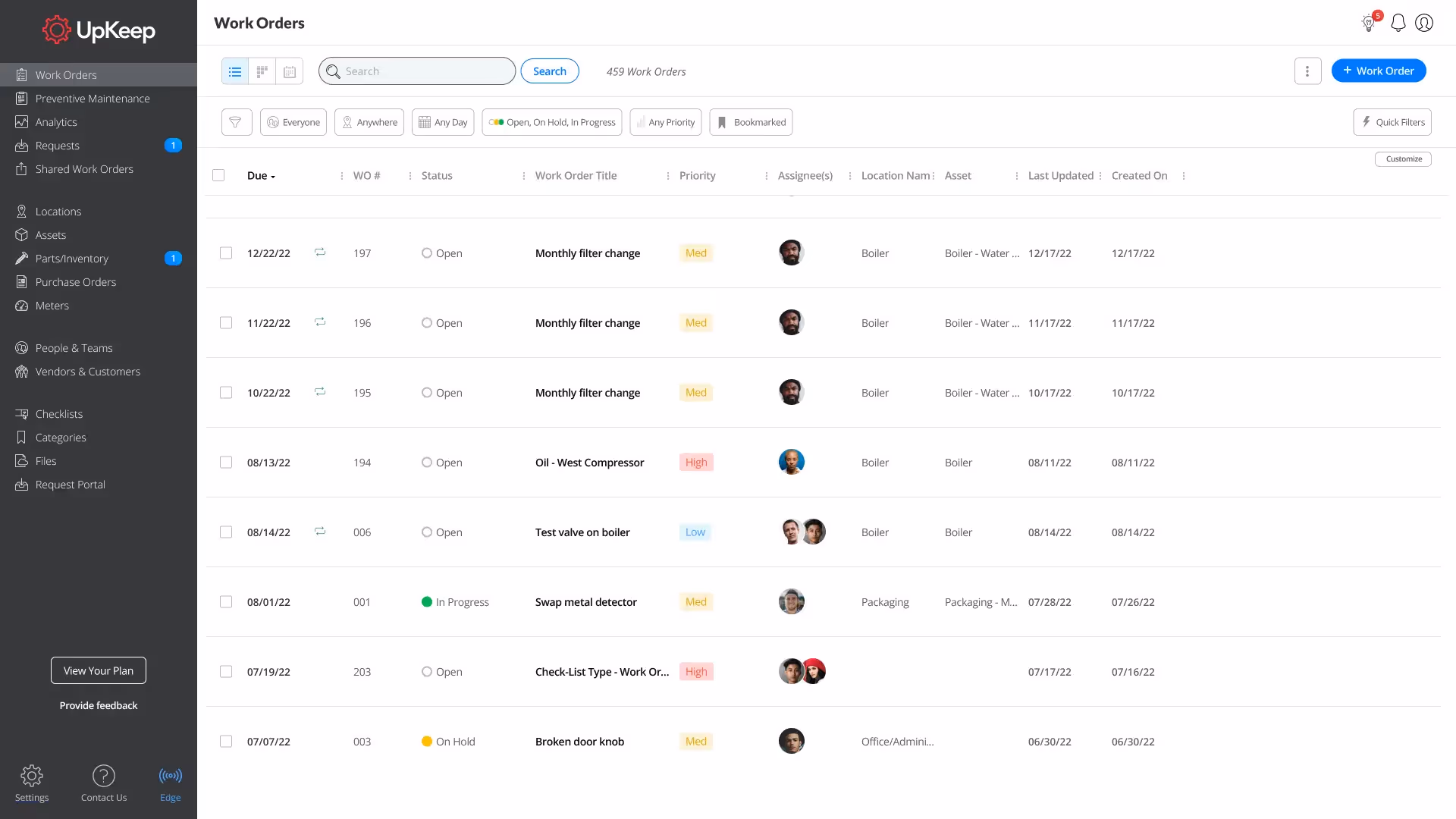 Screenshot of the UpKeep software