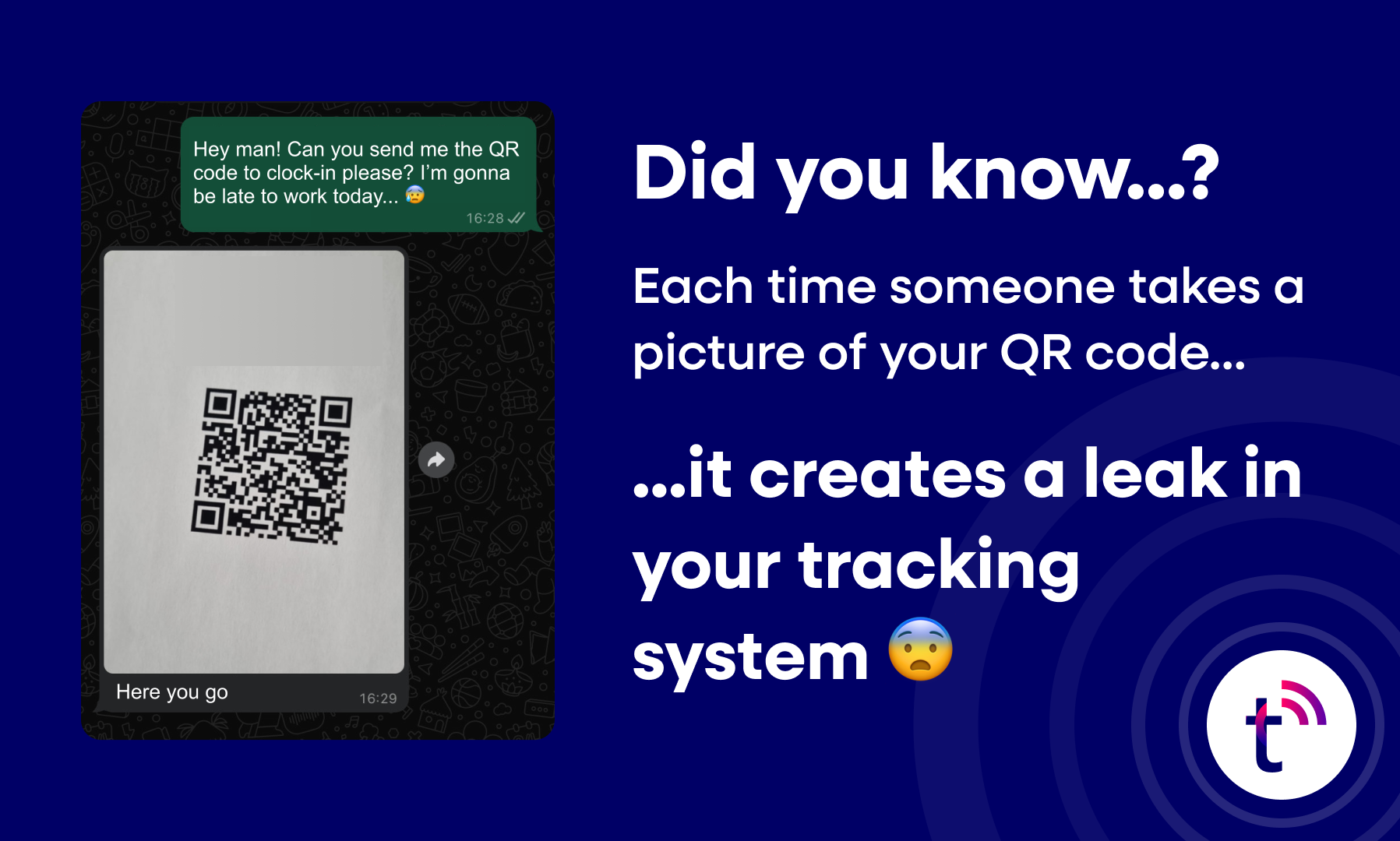 An image showcasing a conversation between two coworkers. One of them is asking the other for a photo of the QR code used to clock in at work.