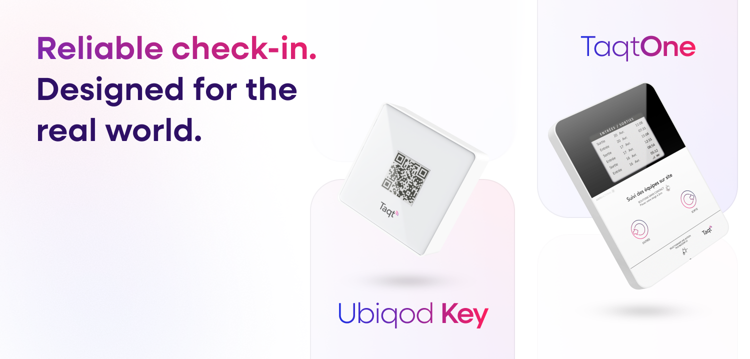 An image showcasing Ubiqod Key and TaqtOne with the tagline "Reliable check-in. Designed for the real world"