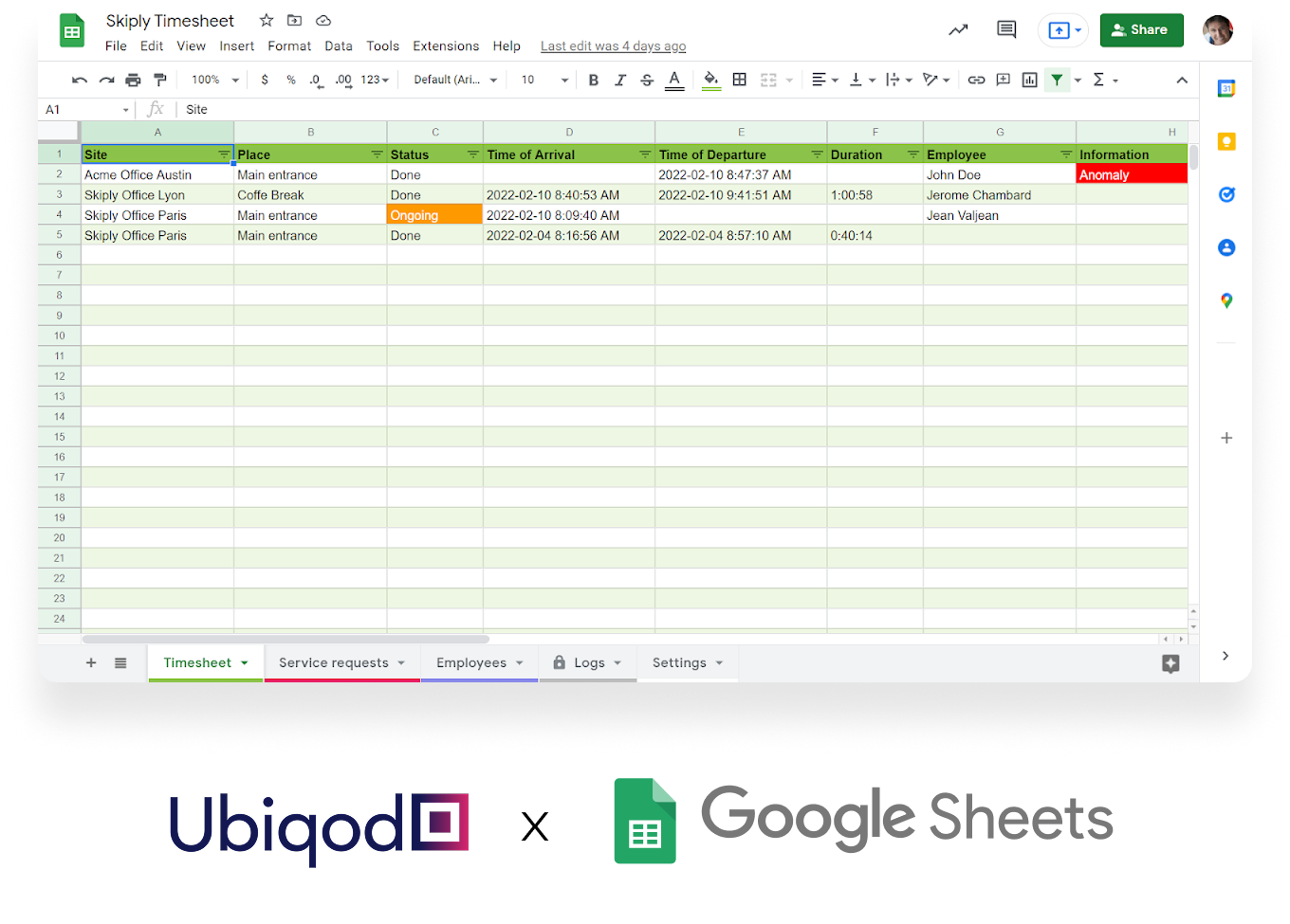 Une feuille Google Sheets avec des donneés collectées par Ubiqod