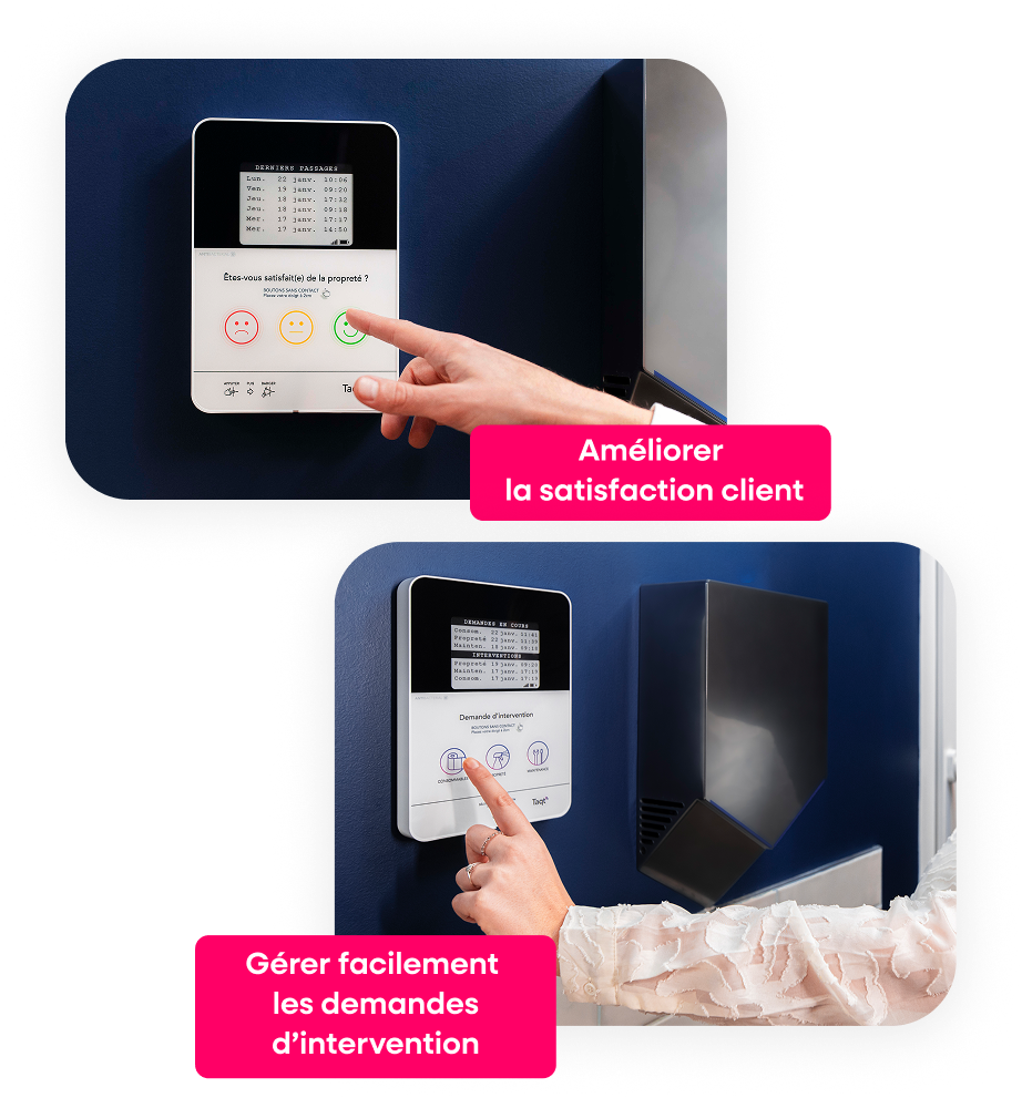 Un visuel comparant une borne de satisfaction Smiley et une borne de Demandes d'intervention
