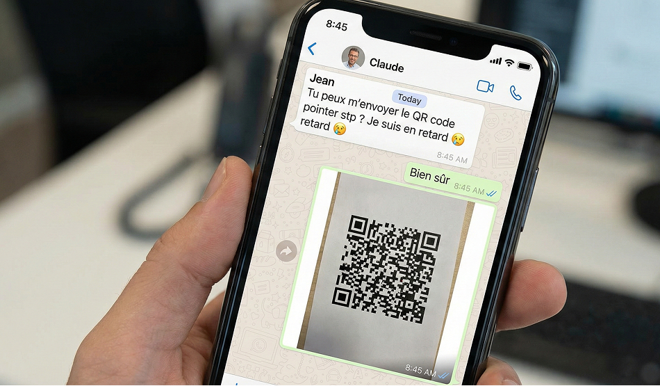 Une discussion whatsapp entre deux collègues où l'un d'entre eux demande le QR code du bureau pour pointer à distance