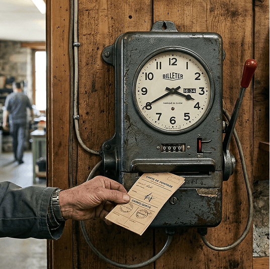 Une image générée par IA d'une timbreuse suisse à l'ancienne