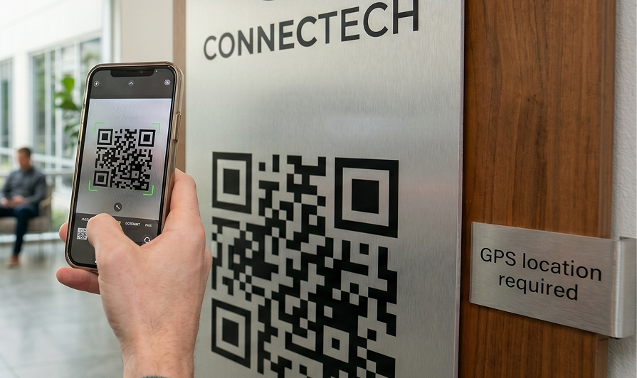 An employee scanning a QR code to clock in, in a company where GPS tracking is required