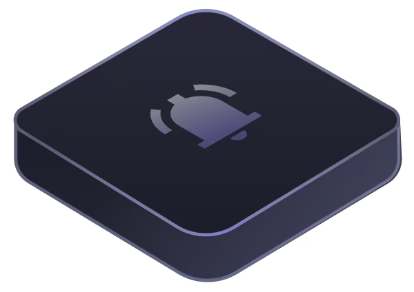 3D dark square button with a muted bell notification icon in the center.