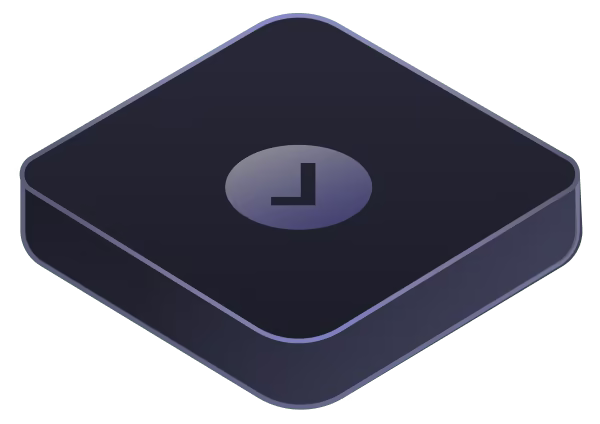 Dark, rounded square device or token with a clock-like symbol in the center.