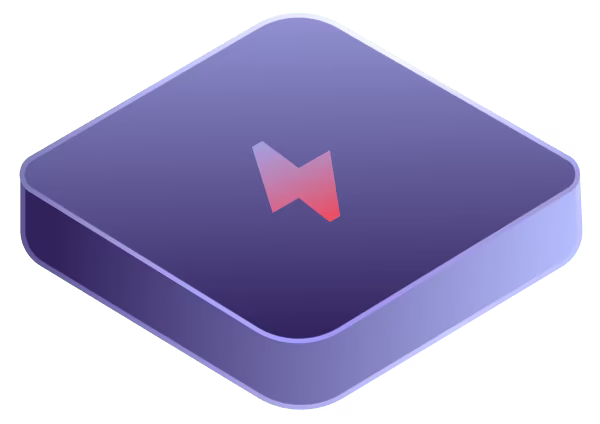 Purple rounded square device with a small red angular logo in the center.