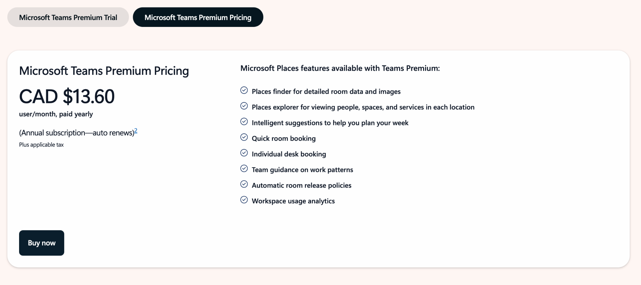 Microsoft Places Canadian pricing page showing Teams Premium at CAD $13.60 per user per month