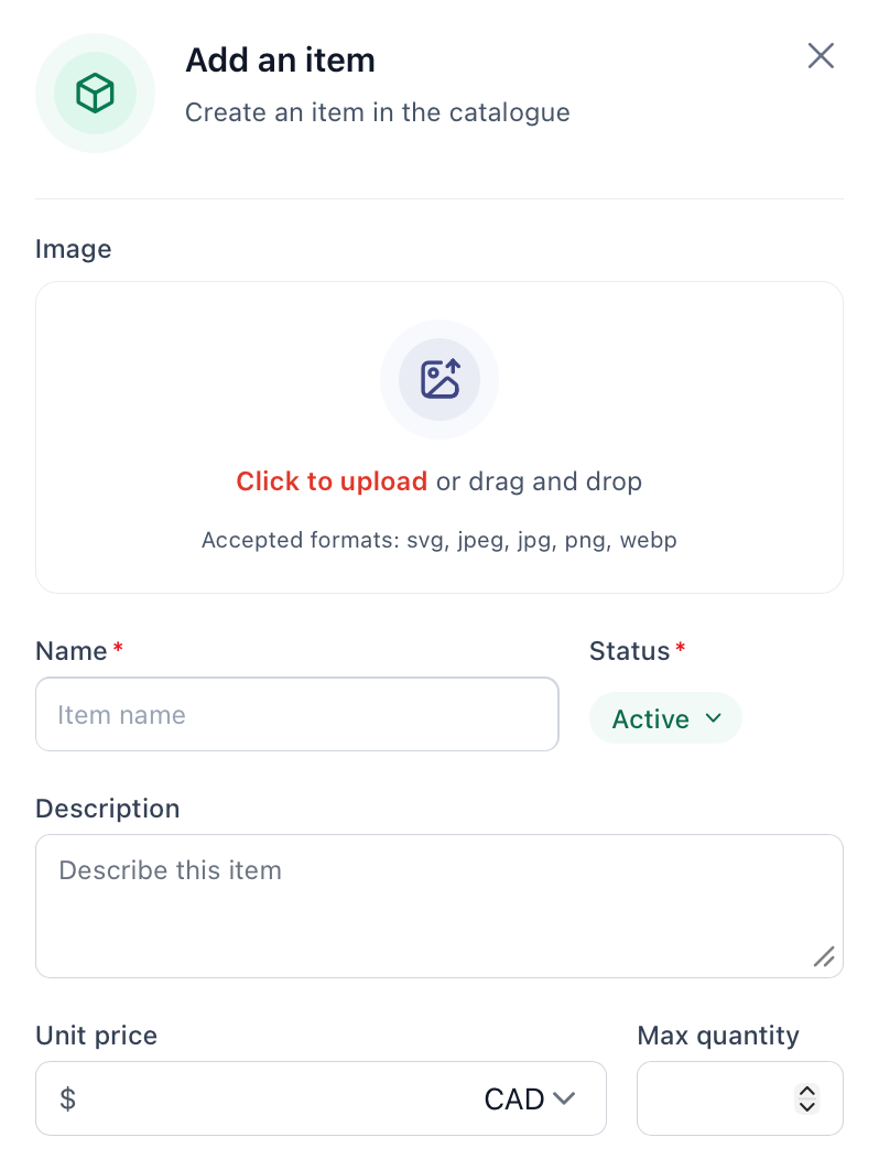 Catalogue item setup example