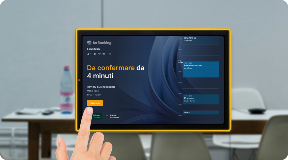 Tablet sale meeting di farBooking in stato di check-in 