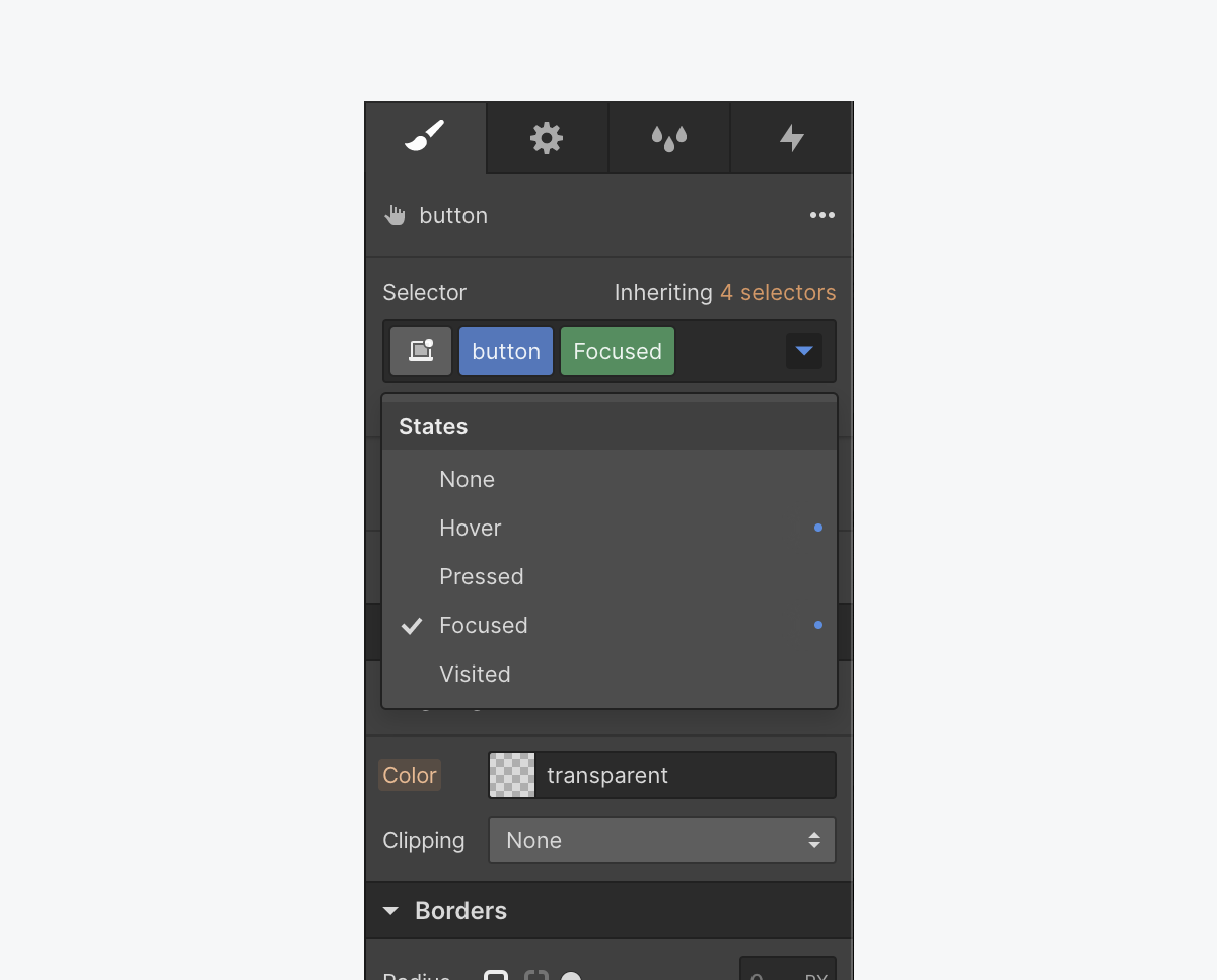 The States dropdown menu in the Selector of the Style panel lets you apply different styling to an element in different states.