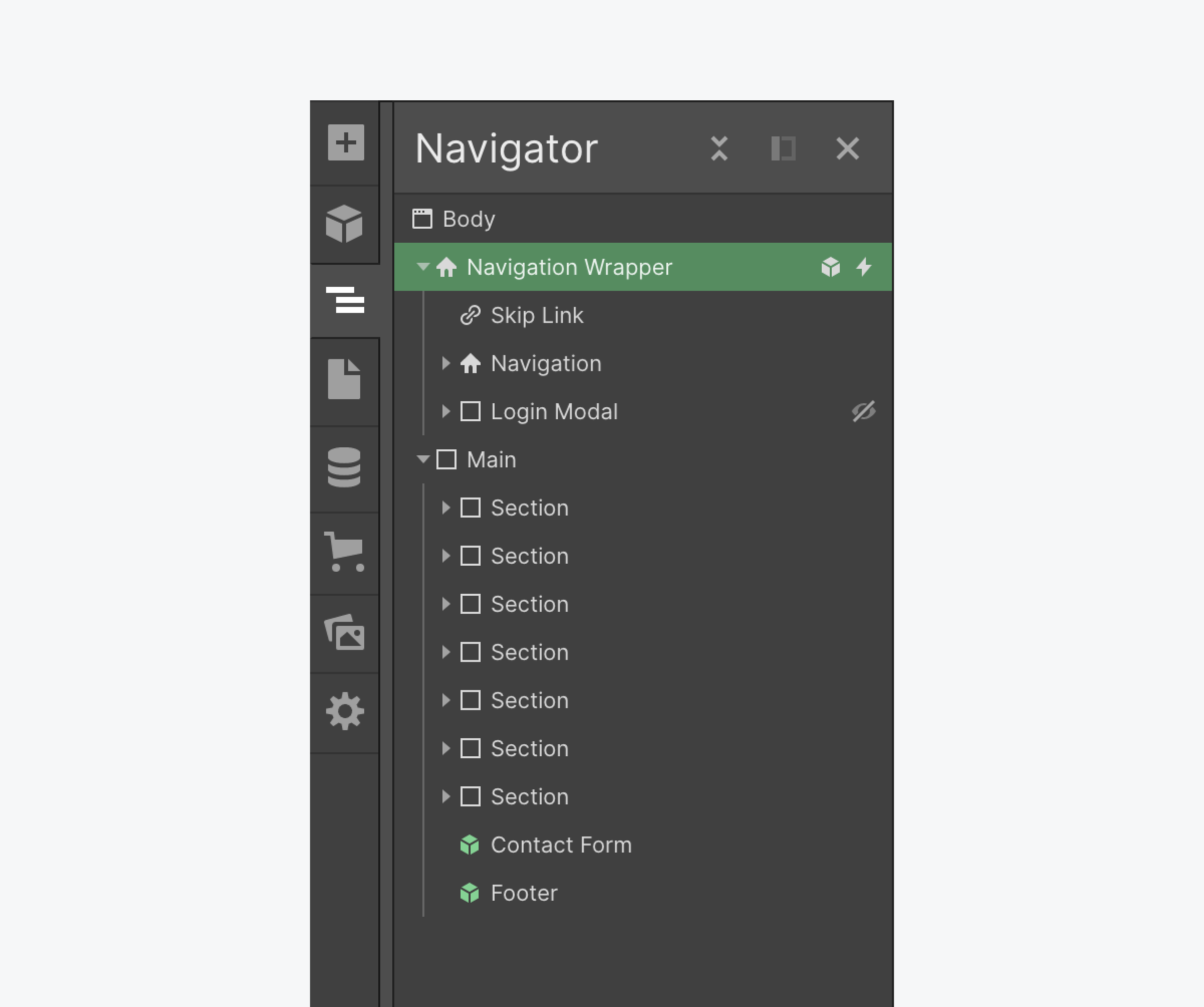 The Navigator panel showing the Skip Link as a first child of the Navigation element.