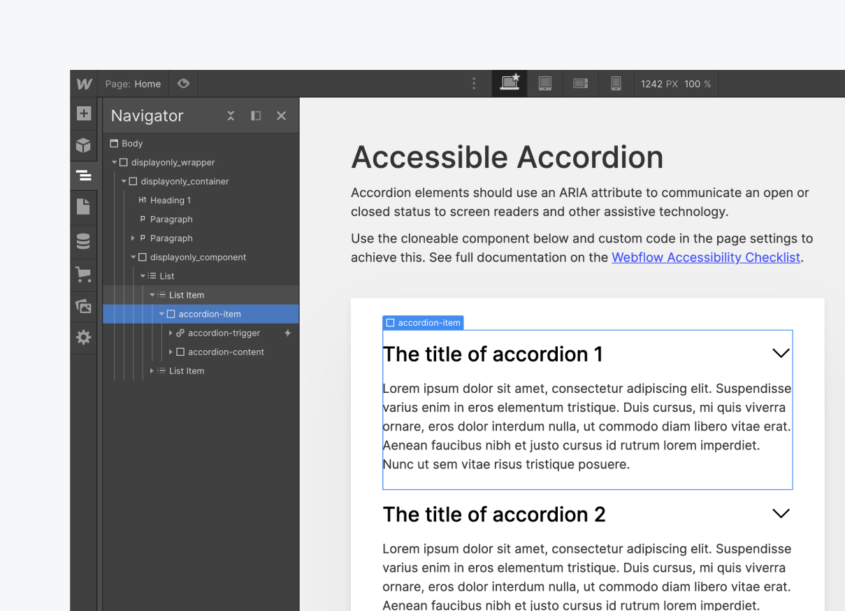 Webflow Designer with accordion item selected and navigation panel open