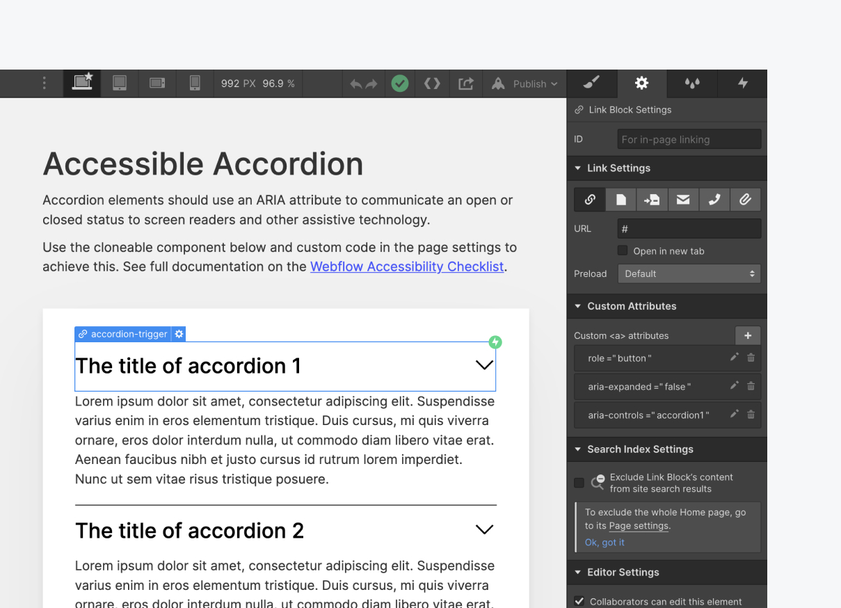 Webflow Designer with accordion trigger selected and the element settings panel open