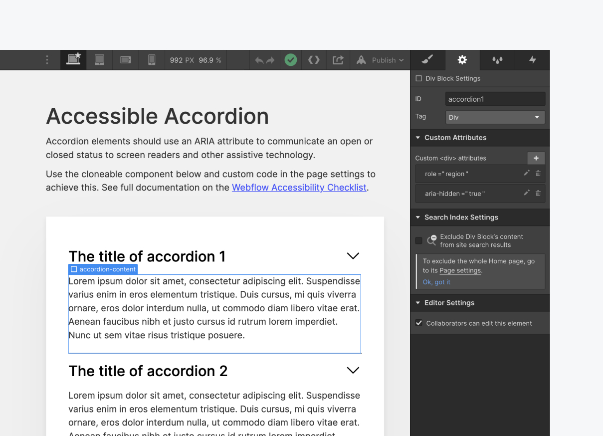 Webflow Designer with accordion content selected and the element settings panel open