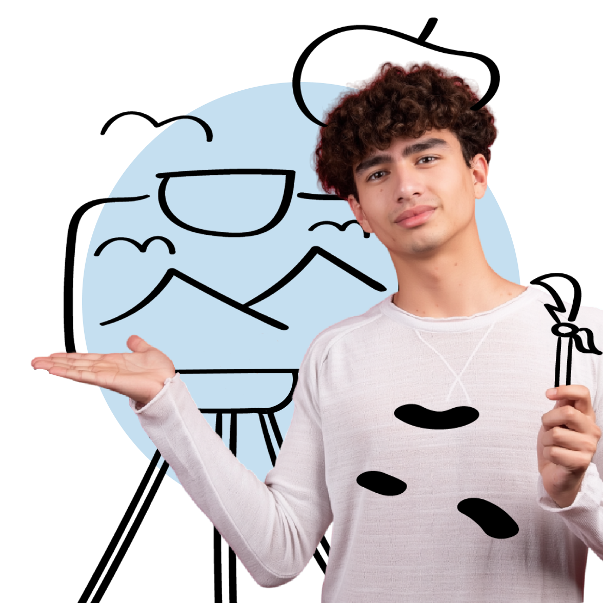 A teenage boy with a doodled rocket and moon behind him