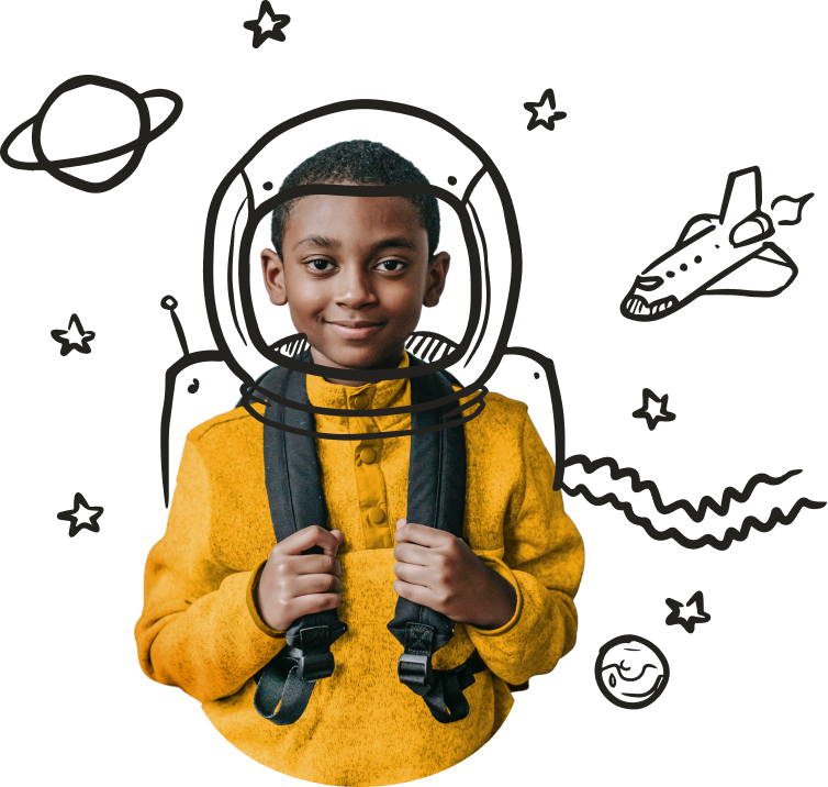 A child imagining being an astronaut, wearing a backpack