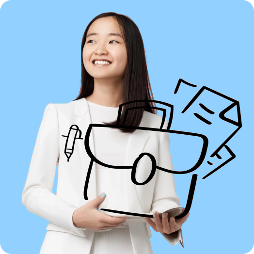 A teen imagining a future career, with briefcase and document doodles