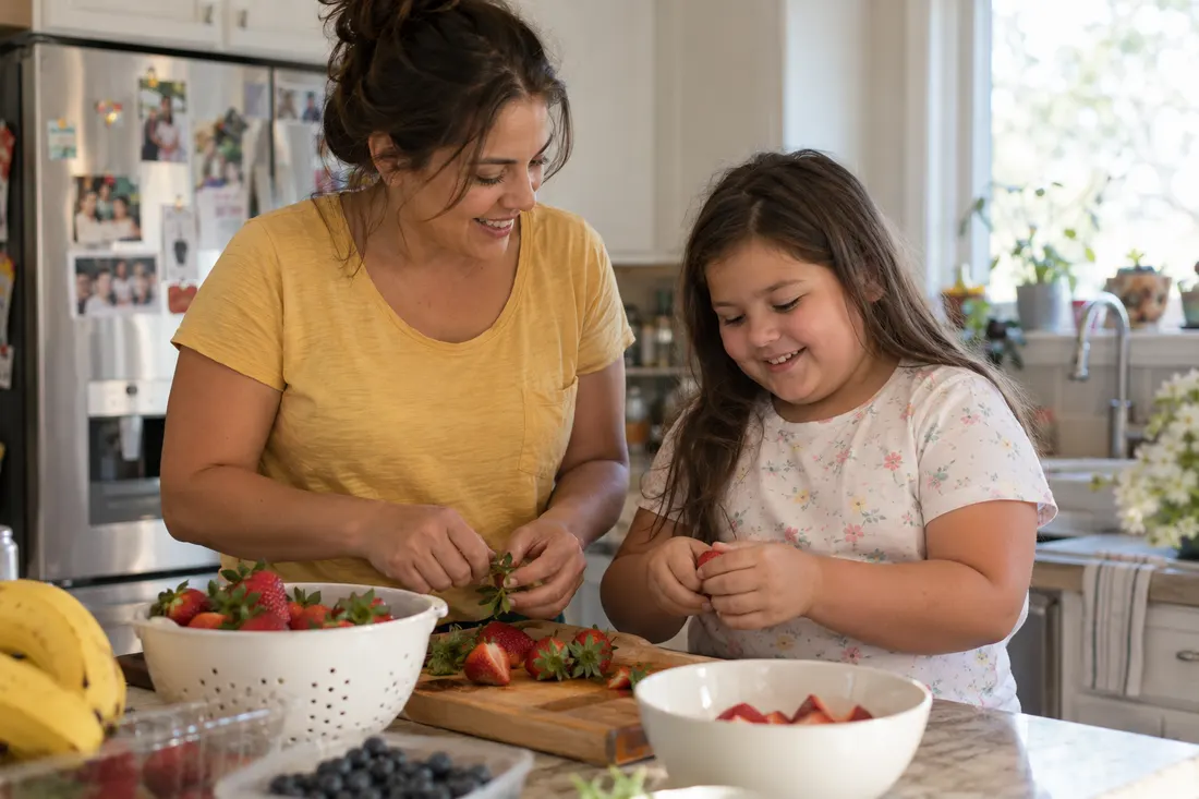 A smiling girl and her mom hulling strawberries together in the kitchen