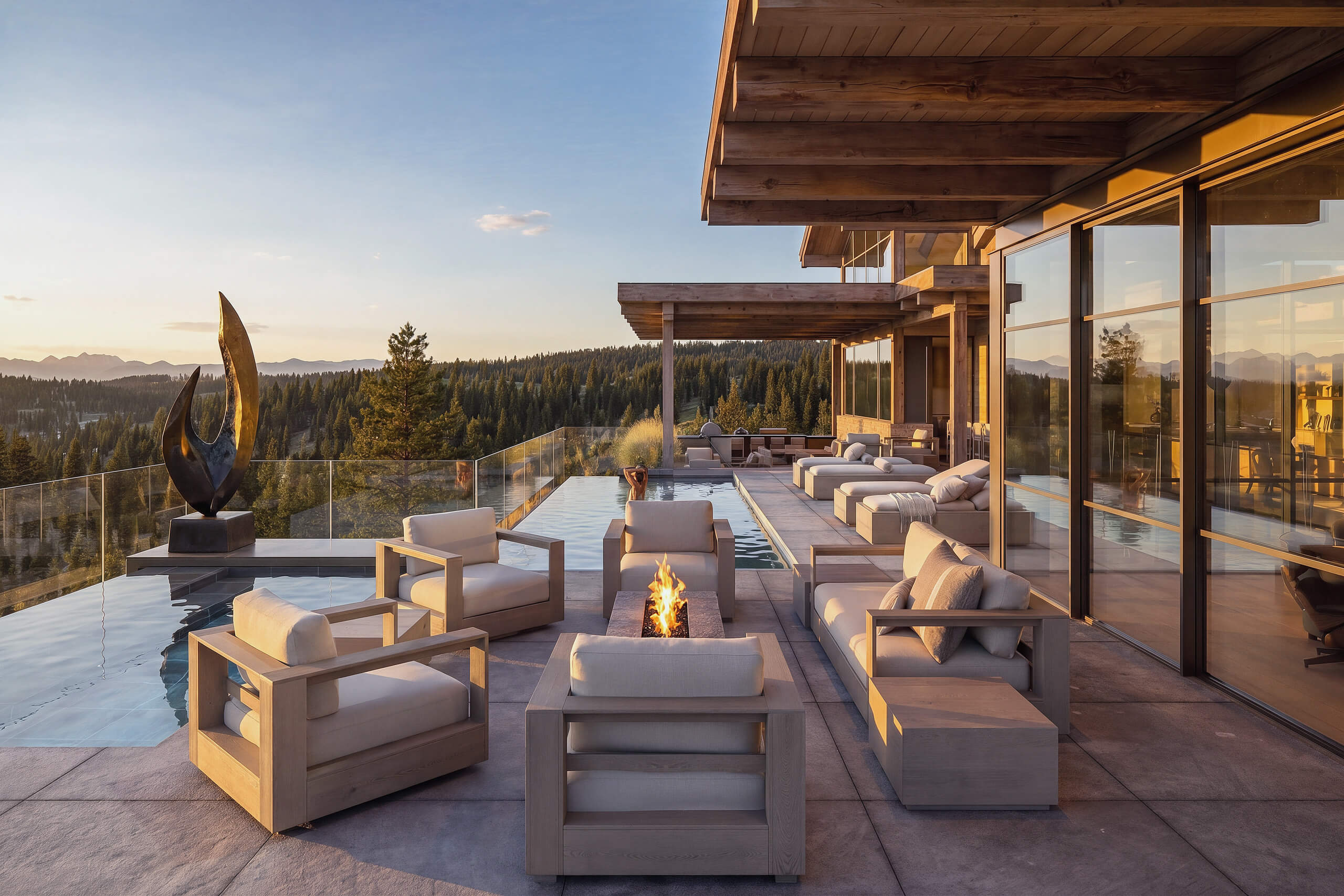 Exterior of luxury home with outdoor seating area surrounding a fire and a pool and hot tub, all designed by Payne Cole