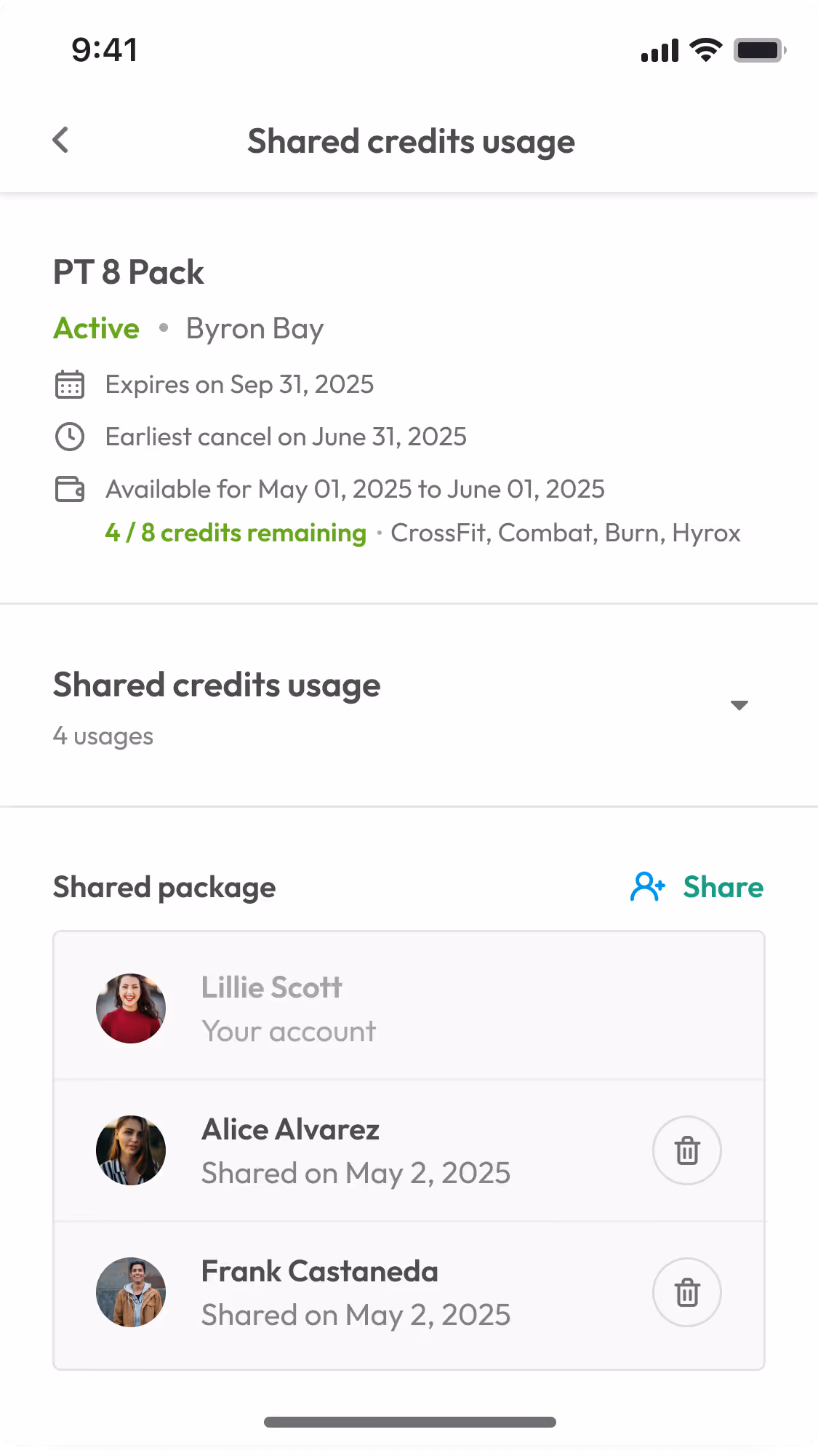 Example of Shared Credits feature in Hapana member app