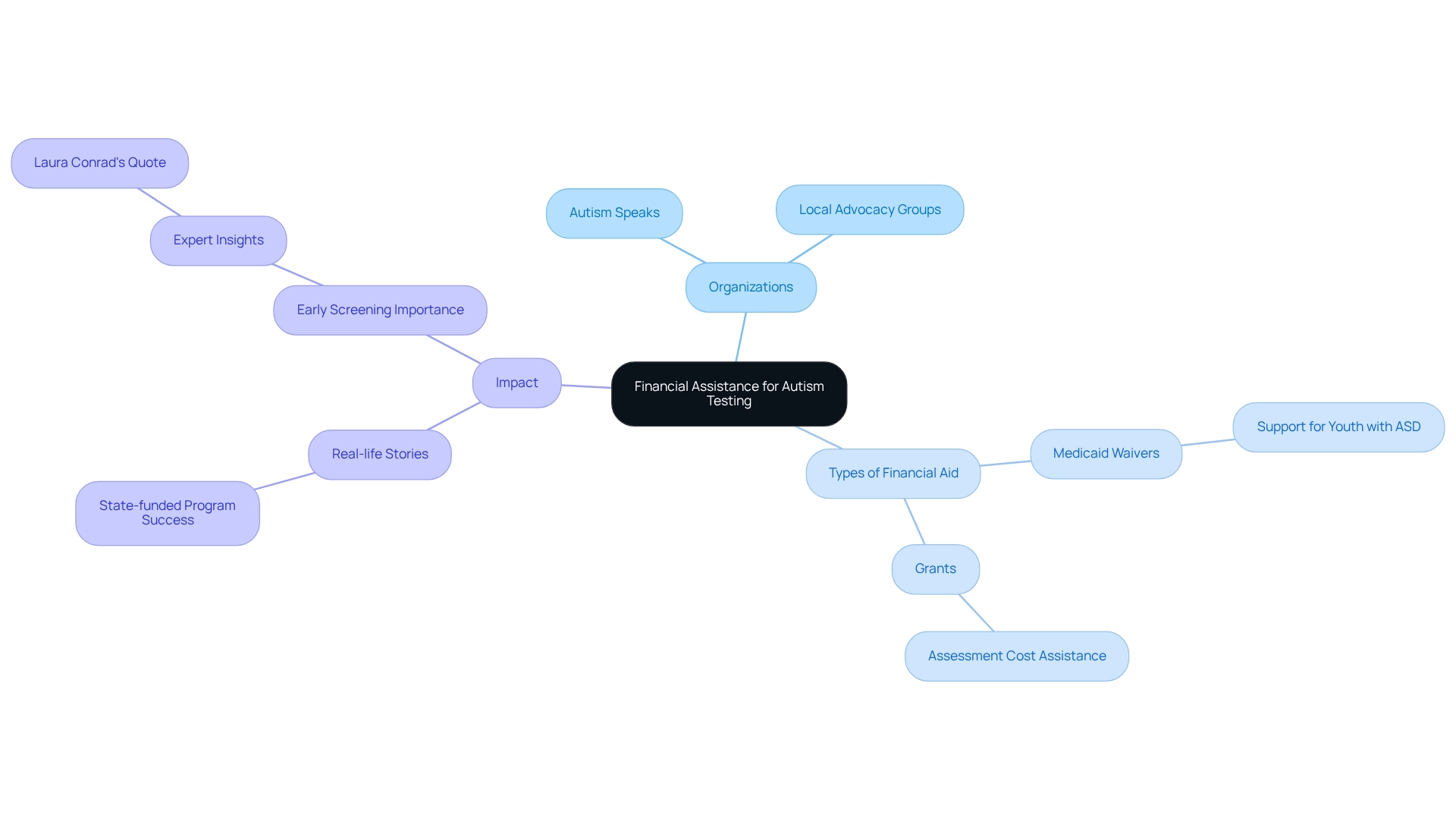 The central node represents financial assistance for autism testing, with branches indicating organizations, types of aid, and their impacts.