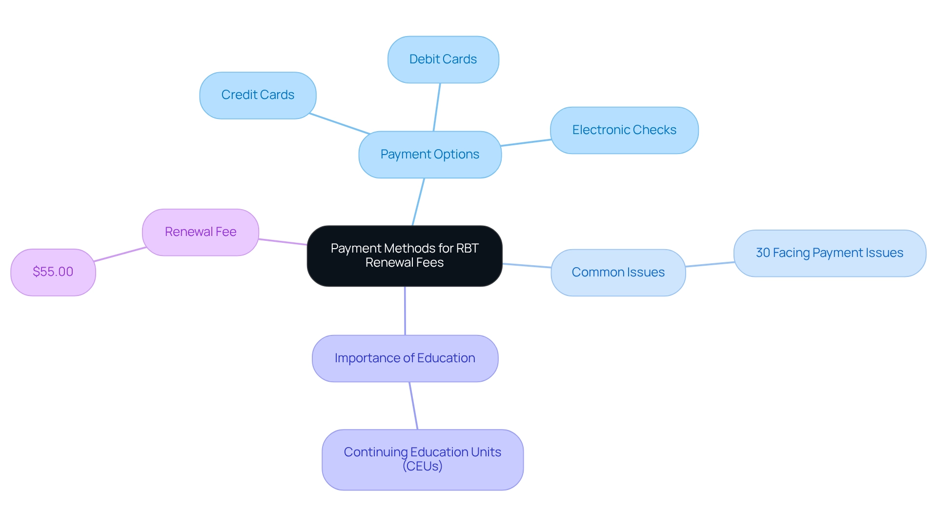 Start at the center with the main topic and follow the branches to explore different payment options, common challenges, the need for ongoing education, and the renewal fee.