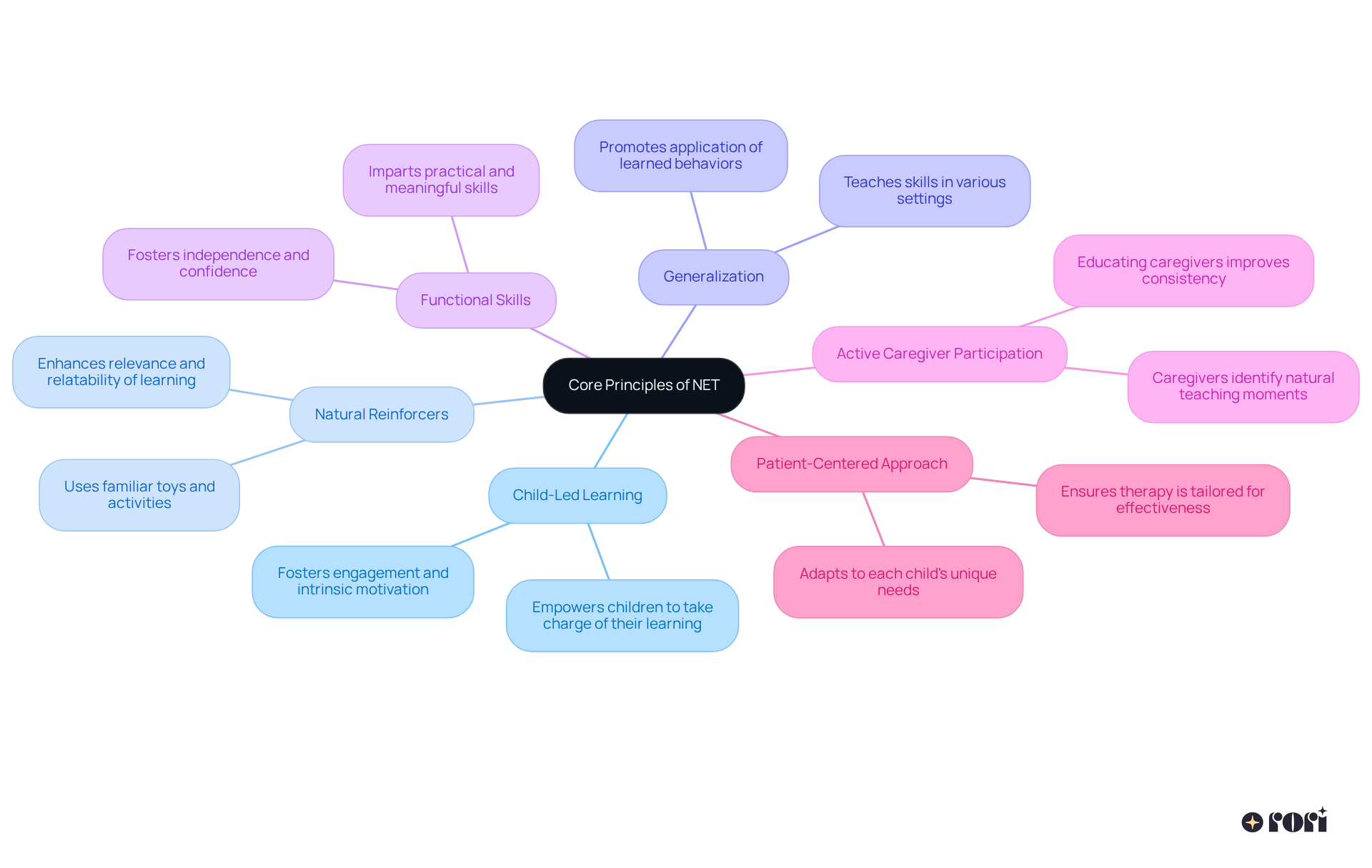 At the center, you'll find the main theme — the core principles of NET. Each branch represents a principle, showing how they support and enhance the teaching methodology. The descriptions help explain what each principle means and how it contributes to effective learning.