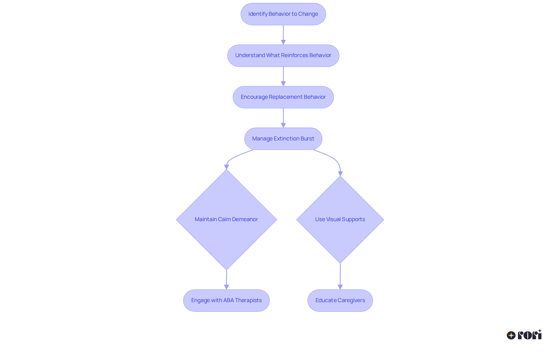 The flowchart starts with identifying the behavior you want to change and guides you through each step needed to implement extinction strategies, showing how actions are related and what comes next.